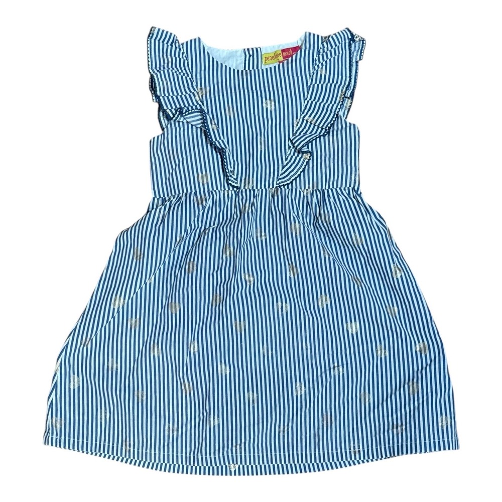 Penelope Mack‎ Girls Blue White Striped Gold Heart Ruffle Dress 4T Sleeveless
